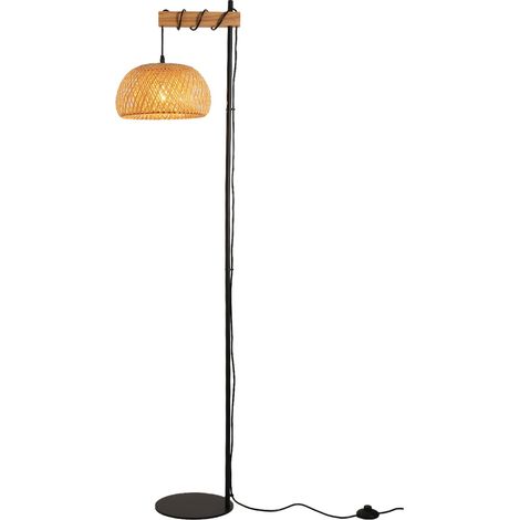 Lampadaire métal et bois avec abat-jour rond en osier, H153 cm