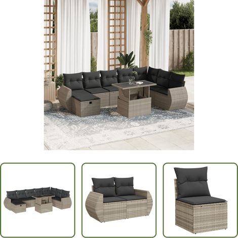 vidaXL Canapé d'angle - Salon de jardin 9 pcs avec coussins gris clair résine tressée (1/5)