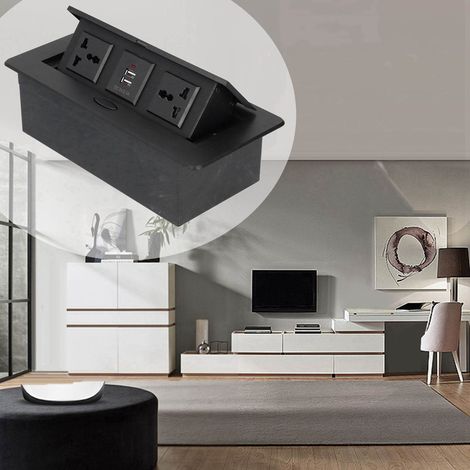 Prise de bureau escamotable multifonctionnelle 2 x 3 broches, 2 ports USB, pour la maison, l'hôtel ou le bureau. (1/3)