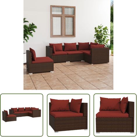 The Living Store 5-tlg. Garten-Lounge-Set mit Kissen Poly Rattan Braun - Gartensortiment - Lounge Set - Outdoormöbel - Gartenloungesessel - PE-Rattan (1/5)