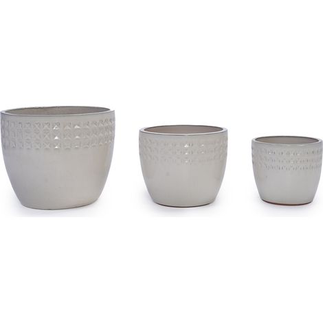 Lot de 3 pots de fleurs en céramique crème brillante, relief triangulaire en haut, pour intérieur, balcon abrité et jardin, set décoratif 3 tailles - CHICFURN (1/5)