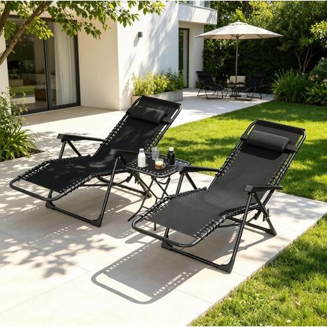 Ensemble salon de jardin pliant 2 fauteuils inclinables et table d’appoint noire REDOM (1/5)