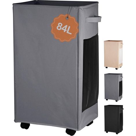 Panier à linge 84L gris foncé avec roulettes et poches filet, pliable (1/5)