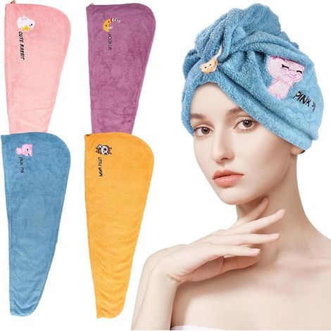 4 Pieces Super Absorbent Microfiber Hair Towels with Buttons 65 x 25 cm Super Soft Quick Drying Hair (1/4)