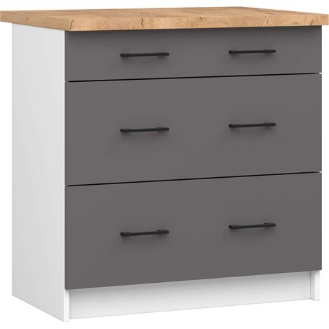 Akord – Armoire de cuisine basse 80 cm – 3 tiroirs – Panneau stratifié blanc et gris – Dimensions 80x46x85 cm – Limiteur d'extension de tiroir (1/5)
