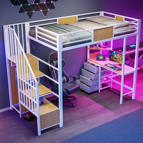 Hochbett 90x200 aus Metall mit Schreibtisch und Stauraum, Multifunktionsbett mit LED-Beleuchtung, Steckdose und Kleiderstange, Schwarz/Weiß (1/5)