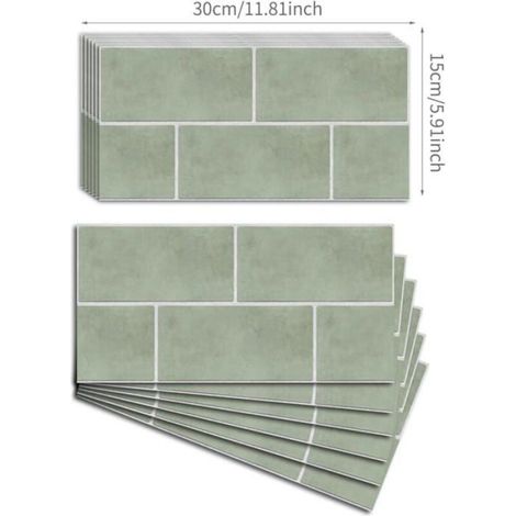 Autocollant Pour Carrelage Mural - Vinyle Impermeable - 30 X 15 Cm - Vert Sauge Vintage - Lot De 12 (1/4)