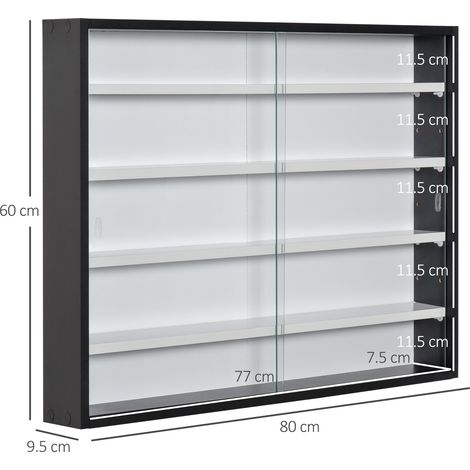 Vitrine murale en verre et bois avec 4 étagères réglables en hauteur, dimensions : 80 x 9,5 x 60 cm, coloris : noir et blanc (1/5)