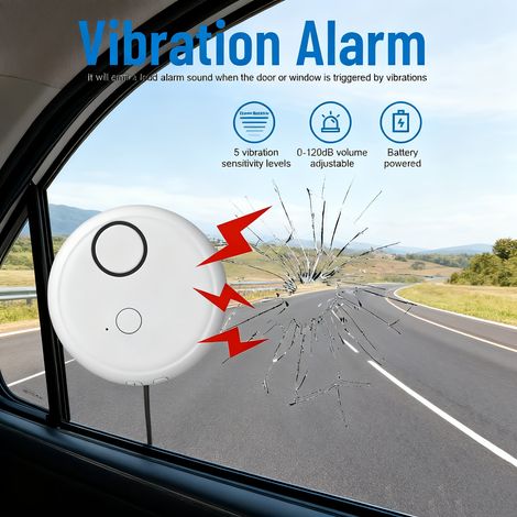 Alarme anti-brise-glace pour sécurité domestique, volume 0-130dB, sensibilité à 5 niveaux, alerte par vibration pour fenêtres et véhicules, fonctionne sur piles - Lot de 2 (1/3)