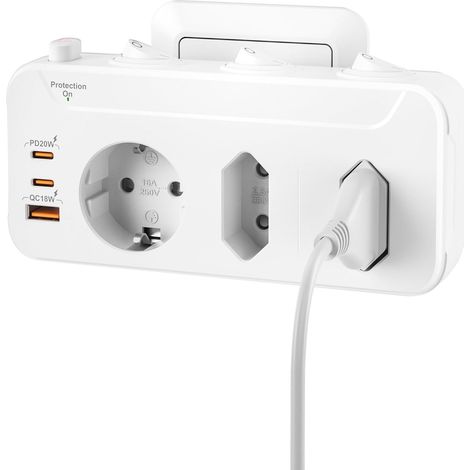 Bloc Multiprise 3 Prises avec Interrupteur Individuel, USB C PD20W Charge Bloc Prise Multiple Murale Parafoudre et Surtension,Triplette Prise Rotative Verticale Horizontale,pour Bureau Domicile,Blanc (1/5)