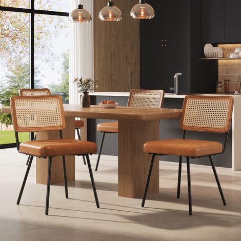 Silla de comedor ergonómica, respaldo de PE ratán, asiento de PU impermeable, patas de metal, marrón (1/5)