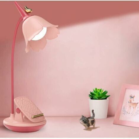 Lampe de bureau rose avec pince, petite lampe de bureau LED rechargeable, col de cygne réglable, lampe de bureau mignonne à intensité variable (1/5)