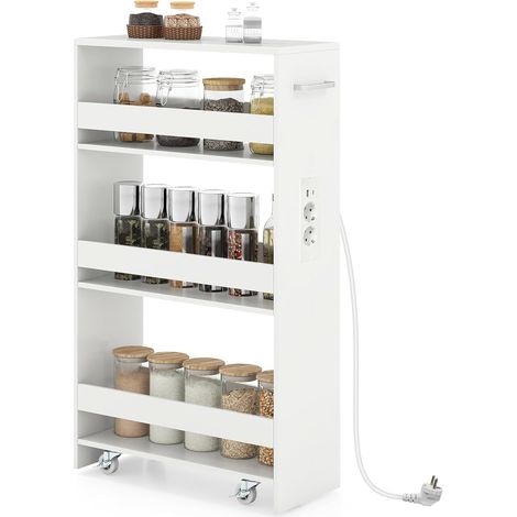 COSTWAY Carrello da Cucina a 4 Ripiani, Ruote Universali, 20cm,con presa,Bianco (1/5)