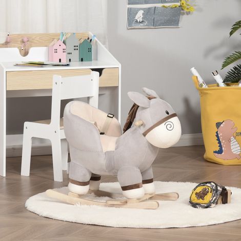 Cheval bascule âne musical selle grand confort peluche douce bois peuplier 61x34x58 cm gris. Âne à bascule musical pour enfants, peluche confortable, doux et interactif. (1/5)