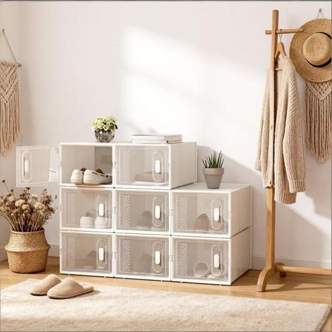 Boîte de rangement à chaussures, boîte de rangement empilable, porte-chaussures modulaire, étagère, organisateur de jouets, armoire, meuble de salle de bain (uniquement avec 8 boîtes de rangement) (1/5)