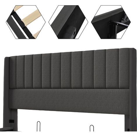 Lit coffre hydraulique 140x200cm, sommier bois et cadre métallique, tissu lin gris, lit double avec mécanisme relevable, literie complète. (1/5)