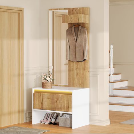 Mueble de entrada 60x38x145 cm con espejo, 2 cajones, perchero y banco zapatero, blanco y natural (1/5)