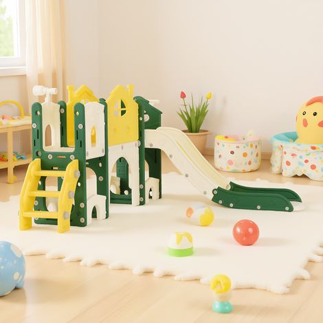 5-In-1 Kinderrutsche, Freistehende Rutsche mit Rutsche, Durchgang, Treppe, Klettergerüst und Teleskop, Multifunktional Rutschenset, für Kleinkinder Indoor und Outdoor, Gelb (1/5)