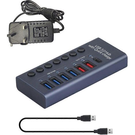 Hub USB 7 ports - Hub USB 3.0 - Répartiteur en aluminium - Adaptateur secteur 12 V 3 A 36 W - Royaume-Uni