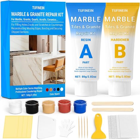 Kit Réparation pour Comptoirs en Marbre, 160g Kit Reparation Carrelag pour Granite Quartz Acrylique Pierre Céramique, Comble les Trous Éclats Fissures Rayures et Bosses (Couleur Assortie) (1/5)