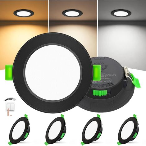 Spot LED Encastrable Extra Plat 25mm Lot de 4, 6W, Spots de Plafond Dimmable 3 Intensités Sans Variateur, 2700K 4000K 6000K, IP44 Spot Salle de Bain, Découpe Ø58-68mm 230V, Noir (1/5)
