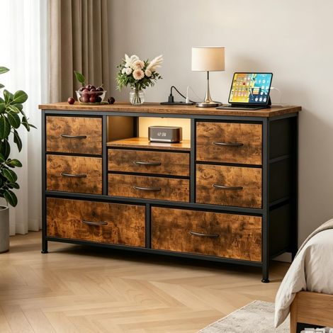 Buffet d’entrée style industriel coloris Tiger Stripes 8 tiroirs tissu, LED station USB prises cadre métal plateau bois buffet‑TV (1/5)