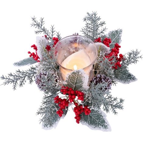 Corona navideña de velas escarchadas, mini corona artificial con bayas rojas, piñas y follaje nevado. (1/5)