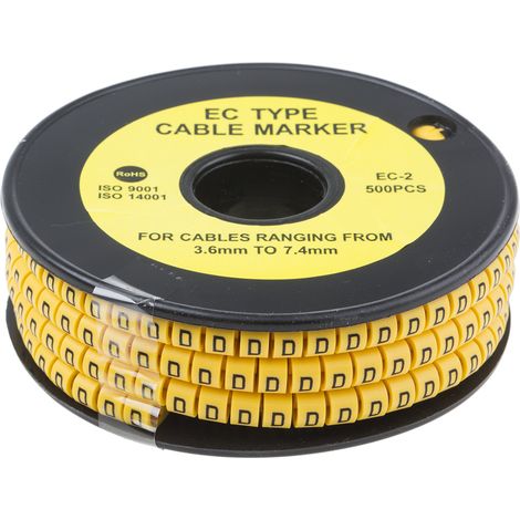 Repère câble , Ø câble 3.6 7.4mm, texte : D, Noir sur Jaune ( Prix pour Bobine de 500 )