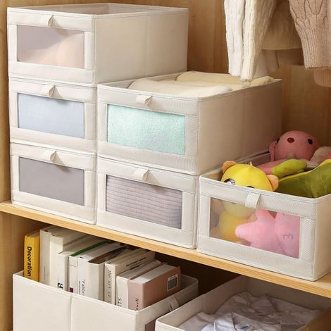 lot de 6 Organisateur de garde-robe Bacs de rangement pliables en lin avec fenêtre transparente Boîte de rangement en tissu Organisateur de tiroirs pour t-shirts, jeans, sous-vêtements