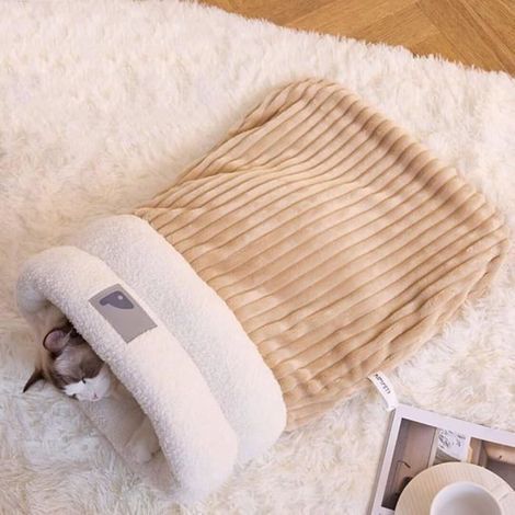 Cozy brown pet sleeping bag, warm and comfortable cat bed sack.