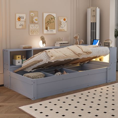 Lit multifonction 90x200 cm en MDF gris avec rangements et LED, gain de place sans matelas – MEUBLIV (1/5)