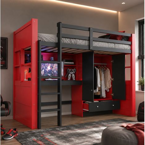 Cama alta 90x200 cm negra y roja de madera con escritorio, armario, cajones, LED y enchufes (1/5)