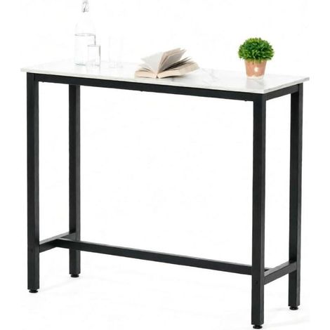 Mesa de bar moderna 120x40x100 cm con tablero efecto mármol blanco y estructura negra MODENUIT (1/5)