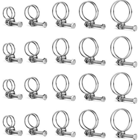 Jeu de 20 colliers à double fil inox 304 réglables 16-40 mm pour tuyaux d'eau (1/4)