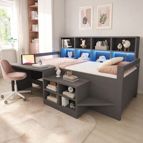 Lit simple enfant 90x200 cm avec bureau et rangements, gris, en bois, sans matelas FloraGrace (1/5)