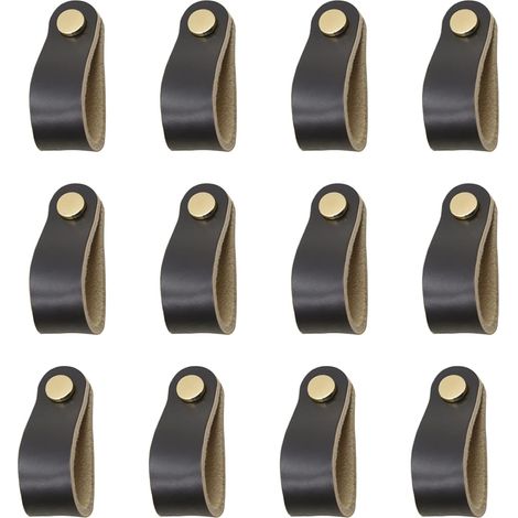 12 Pièces Cuir Poignee,Cuir Meuble Poignée, Poignee Cuir Bouton,Cuir Poignées de Placard, Poignées en Cuir Cuisine armoires,Poignée en Cuir Délicat avec Vis （noir） (1/5)