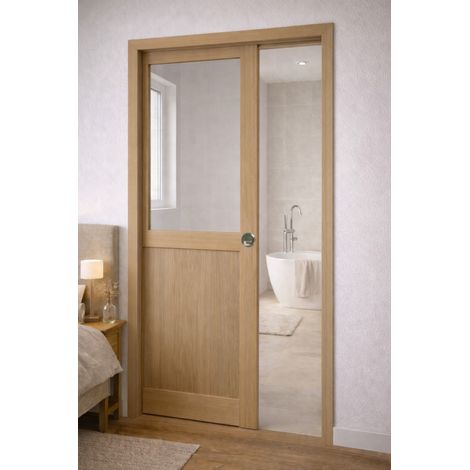 Porte Coulissante Atelier Placage Chene Vitrée H204 X L83 Cm, Galandage, Kit Finition (coquille Et Tire Doigt) Gd Menuiseries