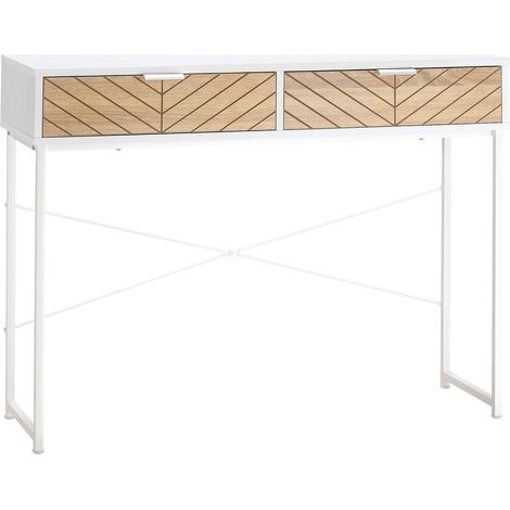 Table Console Industriel 2 tiroirs Aspect Bois de chêne sculpté Motif à Chevrons piètement métal Blanc (1/5)