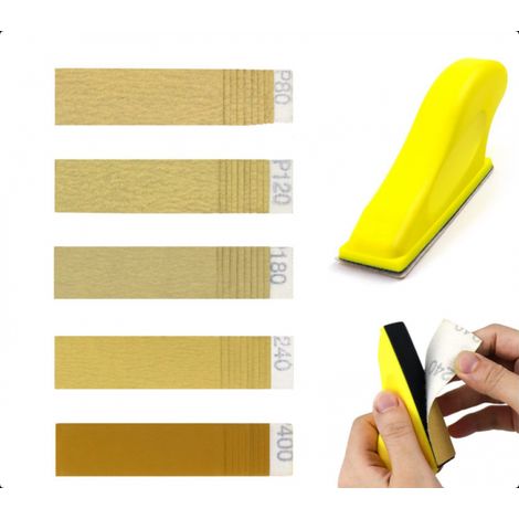 Lot de 51 feuilles de papier abrasif avec bloc de ponçage de 90 x 30 mm, mini outils de ponçage 80/120/180/240/400, grain assorti pour ponçage et polissage (1/5)