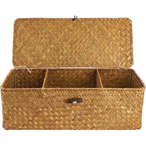 Panier de rangement en osier avec couvercle – 3 compartiments, compact et élégant – Panier naturel pour le bureau, le maquillage, les en-cas et l'organisation de la maison (1/5)