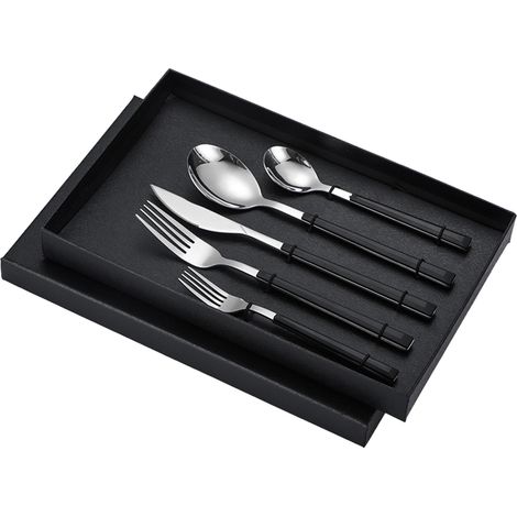 Ensemble de couverts en acier inoxydable haute dureté, couteaux, fourchettes, cuillères, manches noirs. (1/5)