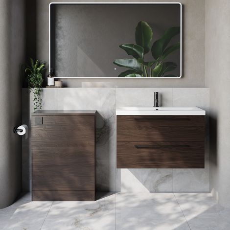 Napoli 390 Cento Brown Oak 1400mm Wall Mounted 2 Drawer Vanity Unit and Toilet Suite with Glide Basin - 1400mm - Matt Black 480mm HandleWithout Kingston Toilet Pan