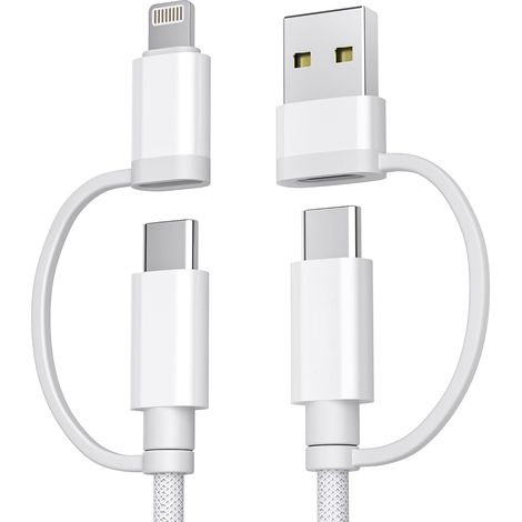 Basesailor pour iPhone 17 16 Pro Max Câble Chargeur,4-en-1 Multi USB C Cable 1M,Universel Type C Charge Rapide Cordon avec USB-A/Lightning pour 15 14 13,Carplay,Apple iWatch 11 10,Airpods 4 3,iPad,S25 (1/5)