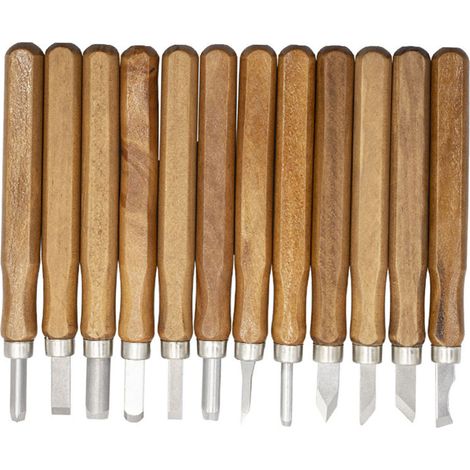 Set mit 12 Holzbeiteln, Holzgriffen, Stahlklingen, Holzbearbeitungs-Schnitzwerkzeugen (1/5)