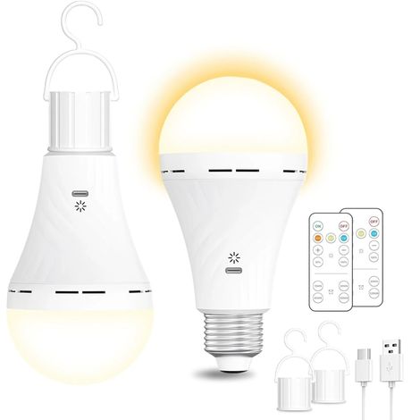 Deux ampoules LED, rechargeables par USB, avec télécommande et minuterie, culot E26, avec crochet, adaptées aux lampes de table, aux suspensions et aux veilleuses. (1/4)