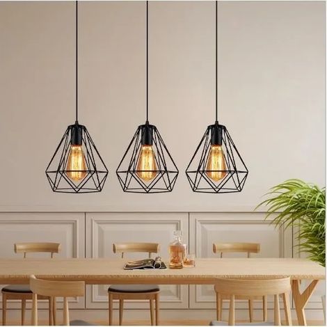 Lustre Suspension Vintage en Fer Forge Noir Lampe Suspension en Diamant Cage Industrielle pour Salon Chambre (1/4)