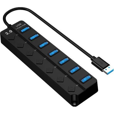 Ultra-slim 7-port USB 3.0 data hub with individual LED switches (Black) (1/4)