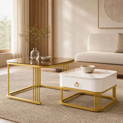 Tavolini da salotto sovrapponibili 60x60x44,5 cm, MDF bianco e vetro, salvaspazio FloraGrace (1/5)