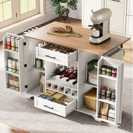 Îlot de cuisine sur roulettes 138x45(70)x92 cm blanc et naturel en MDF avec plateau rabattable et rangements (1/5)