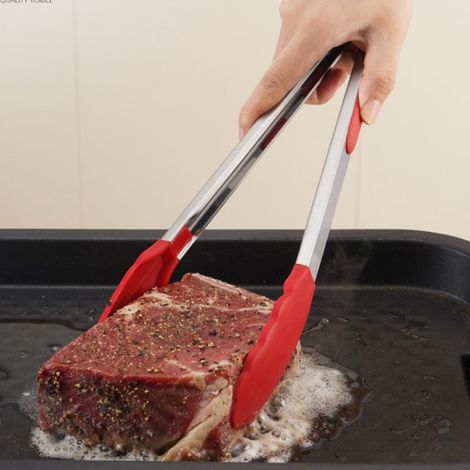 Hitzebeständige, rutschfeste Silikon-Lebensmittelzange für Brot, Grillgut und Gebäck, rot, 18 cm (1/5)